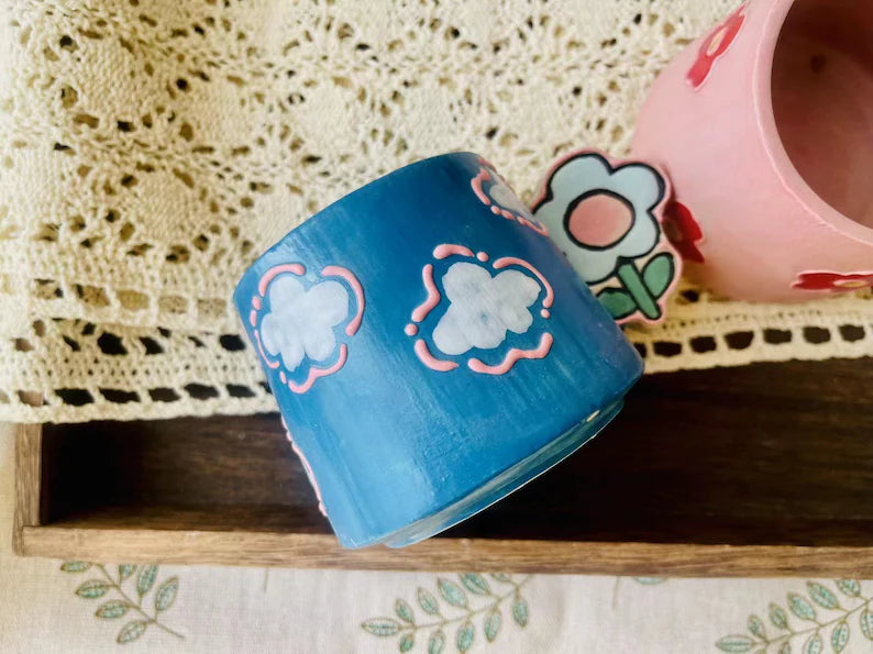 Handmade Ceramic Mug – Floral Handle & Hand-Painted Bloom Design Pottery Cup
