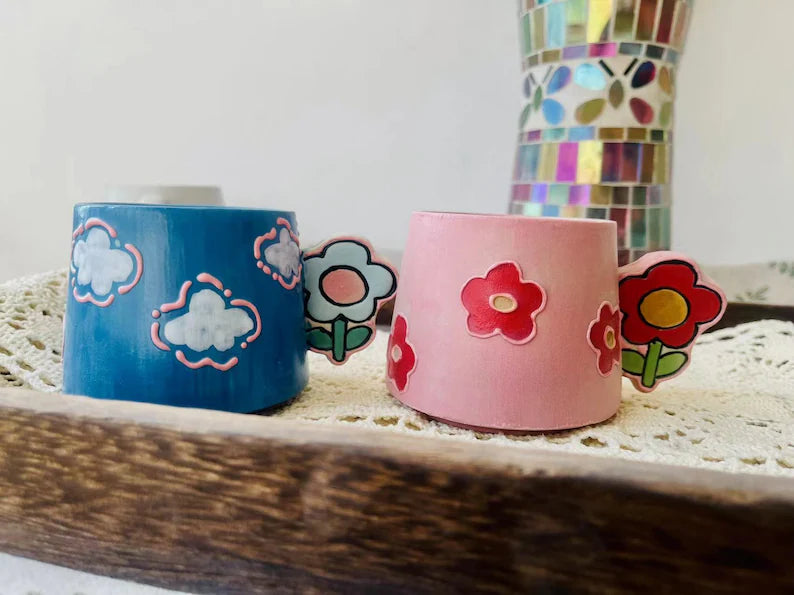Handmade Ceramic Mug – Floral Handle & Hand-Painted Bloom Design Pottery Cup
