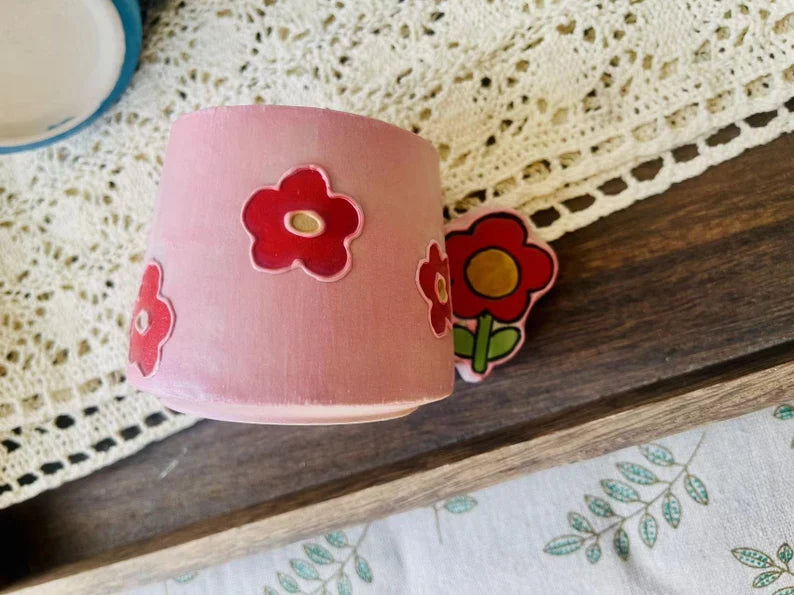 Handmade Ceramic Mug – Floral Handle & Hand-Painted Bloom Design Pottery Cup