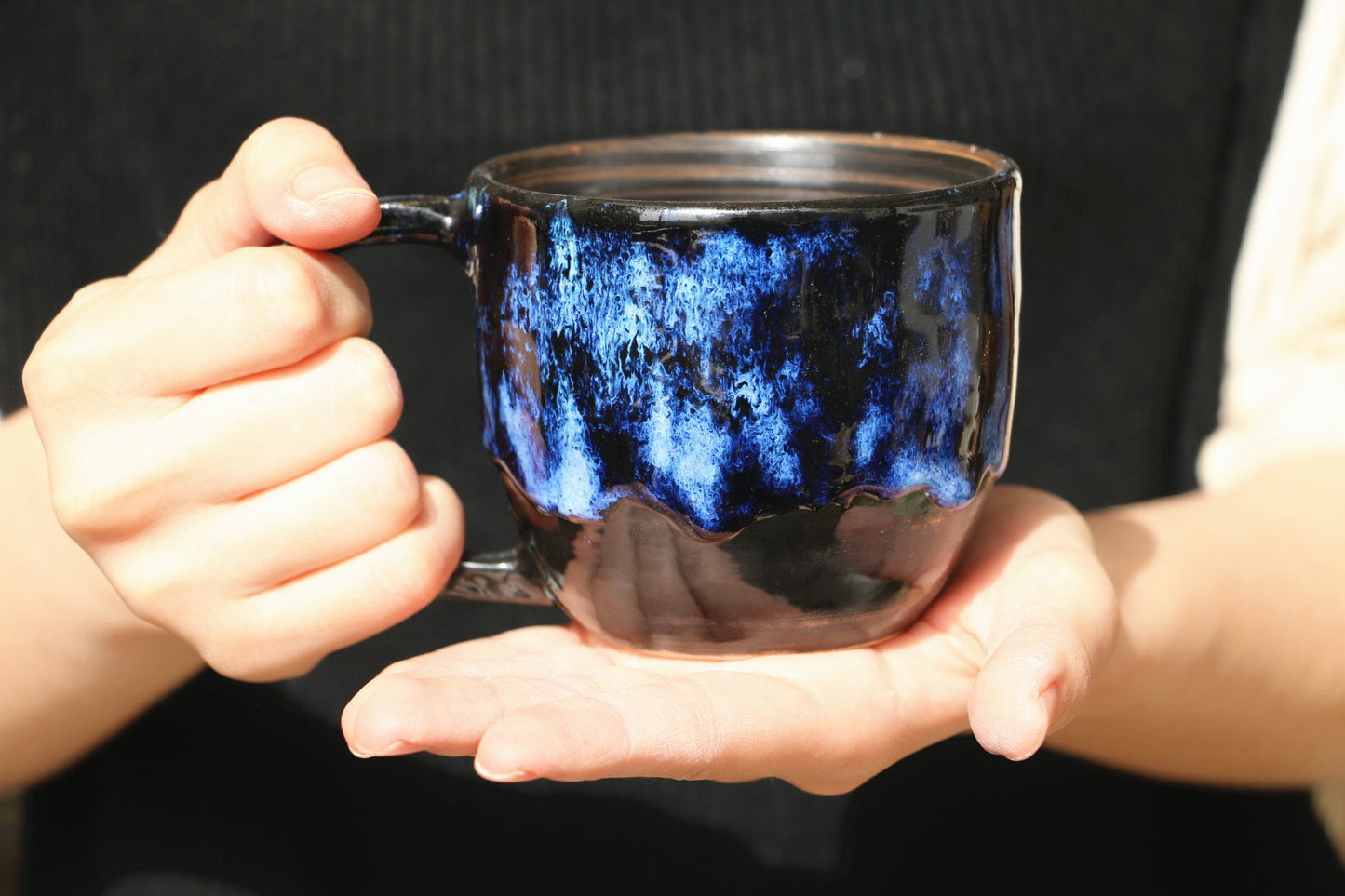 Handmade Ceramic Mug – Blue Drip Glaze Design, Artistic Pottery Cup