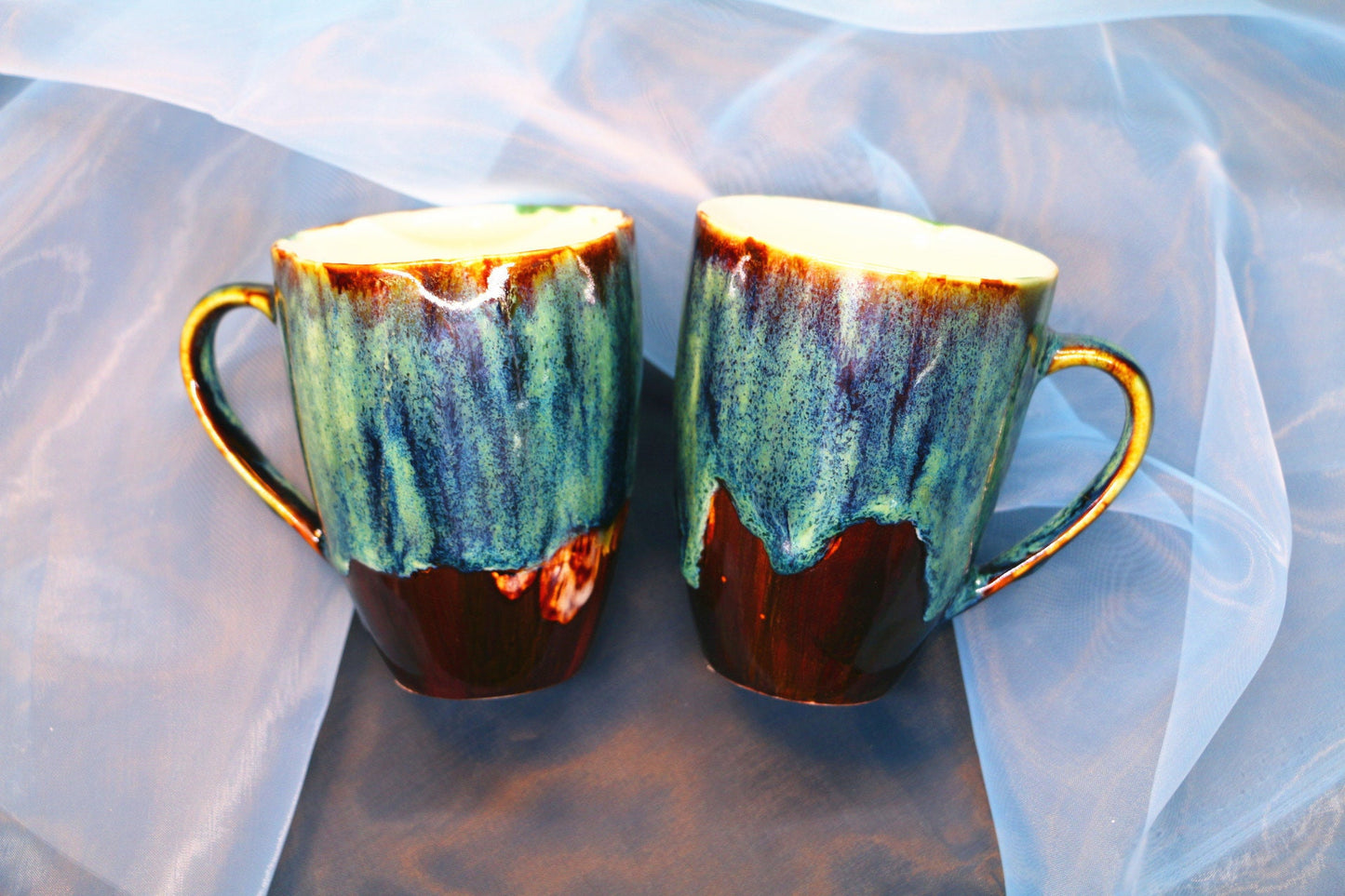 Handmade Ceramic Coffee Mug – Psychedelic Drip Glaze Design, Flowered and Round Rim Pottery Cup