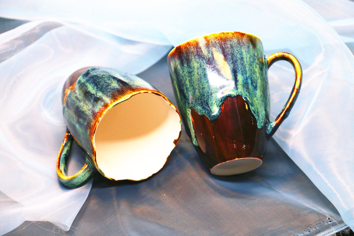 Handmade Ceramic Coffee Mug – Psychedelic Drip Glaze Design, Flowered and Round Rim Pottery Cup