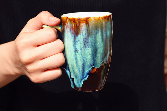 Handmade Ceramic Coffee Mug – Psychedelic Drip Glaze Design, Flowered and Round Rim Pottery Cup