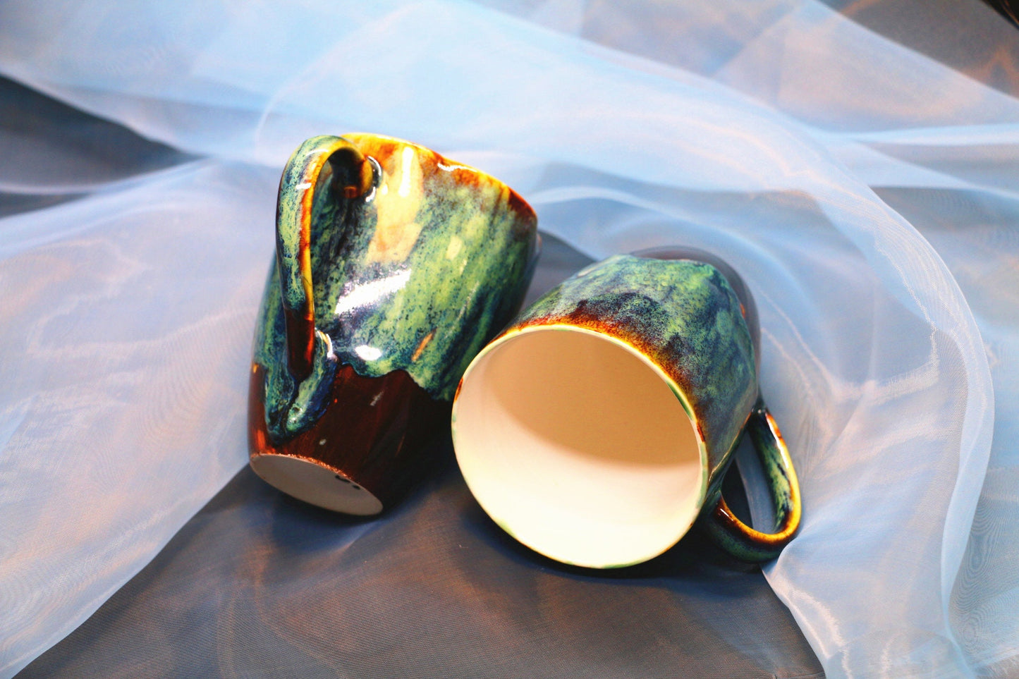 Handmade Ceramic Coffee Mug – Psychedelic Drip Glaze Design, Flowered and Round Rim Pottery Cup