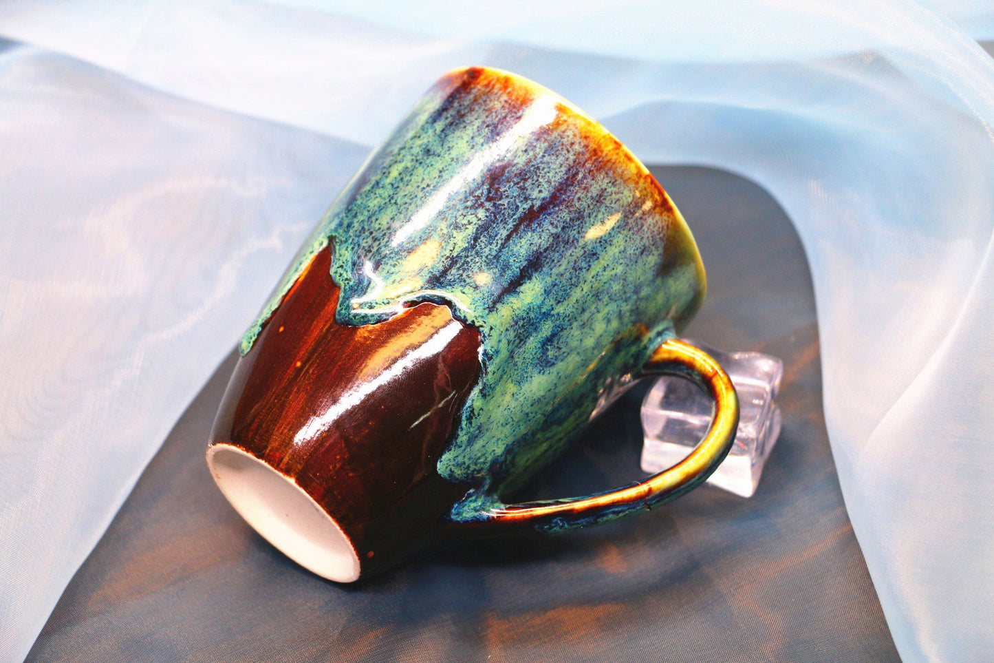 Handmade Ceramic Coffee Mug – Psychedelic Drip Glaze Design, Flowered and Round Rim Pottery Cup