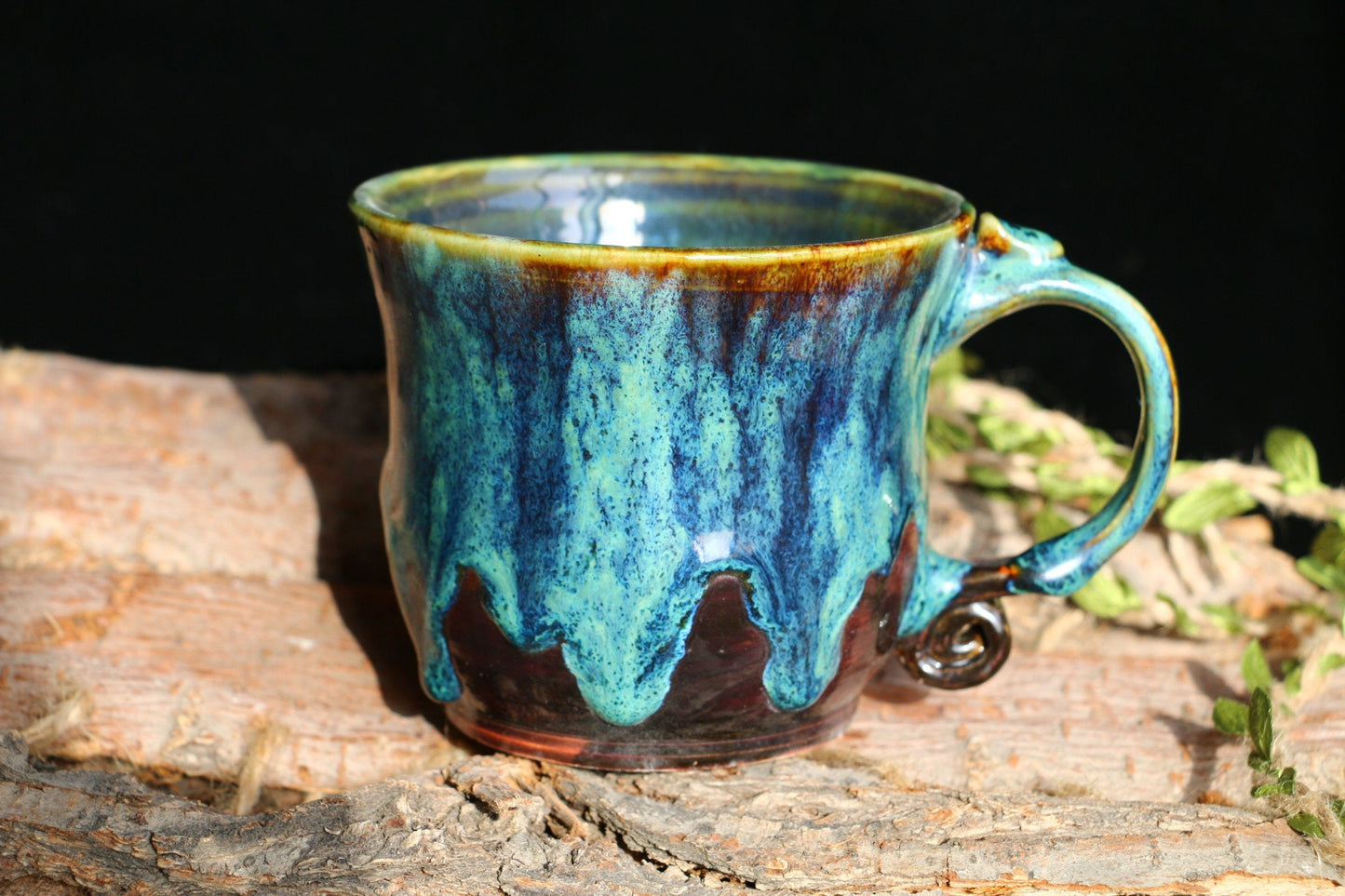Vintage Green Handmade Ceramic Coffee Mug, Personalized Pottery Cup With Rolled Handle
