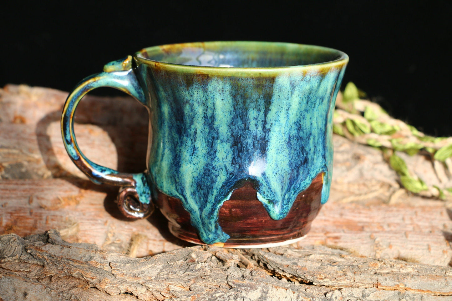 Vintage Green Handmade Ceramic Coffee Mug, Personalized Pottery Cup With Rolled Handle