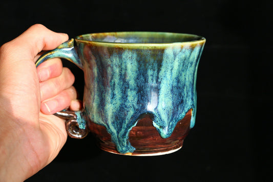 Vintage Green Handmade Ceramic Coffee Mug, Personalized Pottery Cup With Rolled Handle