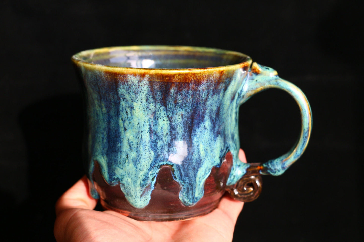 Vintage Green Handmade Ceramic Coffee Mug, Personalized Pottery Cup With Rolled Handle