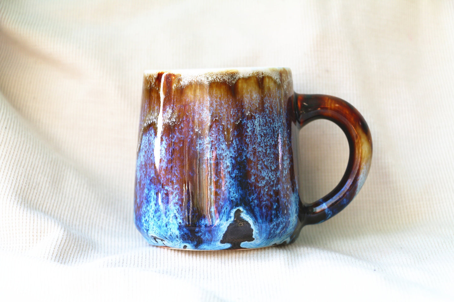 Handmade Ceramic Mug – Blue & Brown Drip Glaze, Unique Pottery Cup for Coffee and Tea Lovers