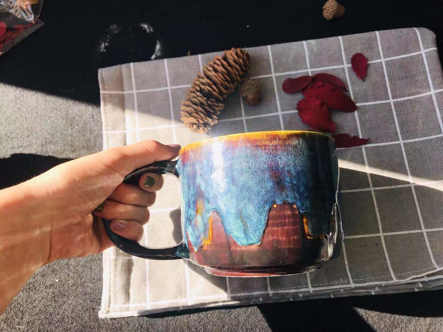 Handmade Ceramic Mug with Blue Glaze - Ocean-Inspired Pottery Cup with Natural Tree Ring Pattern