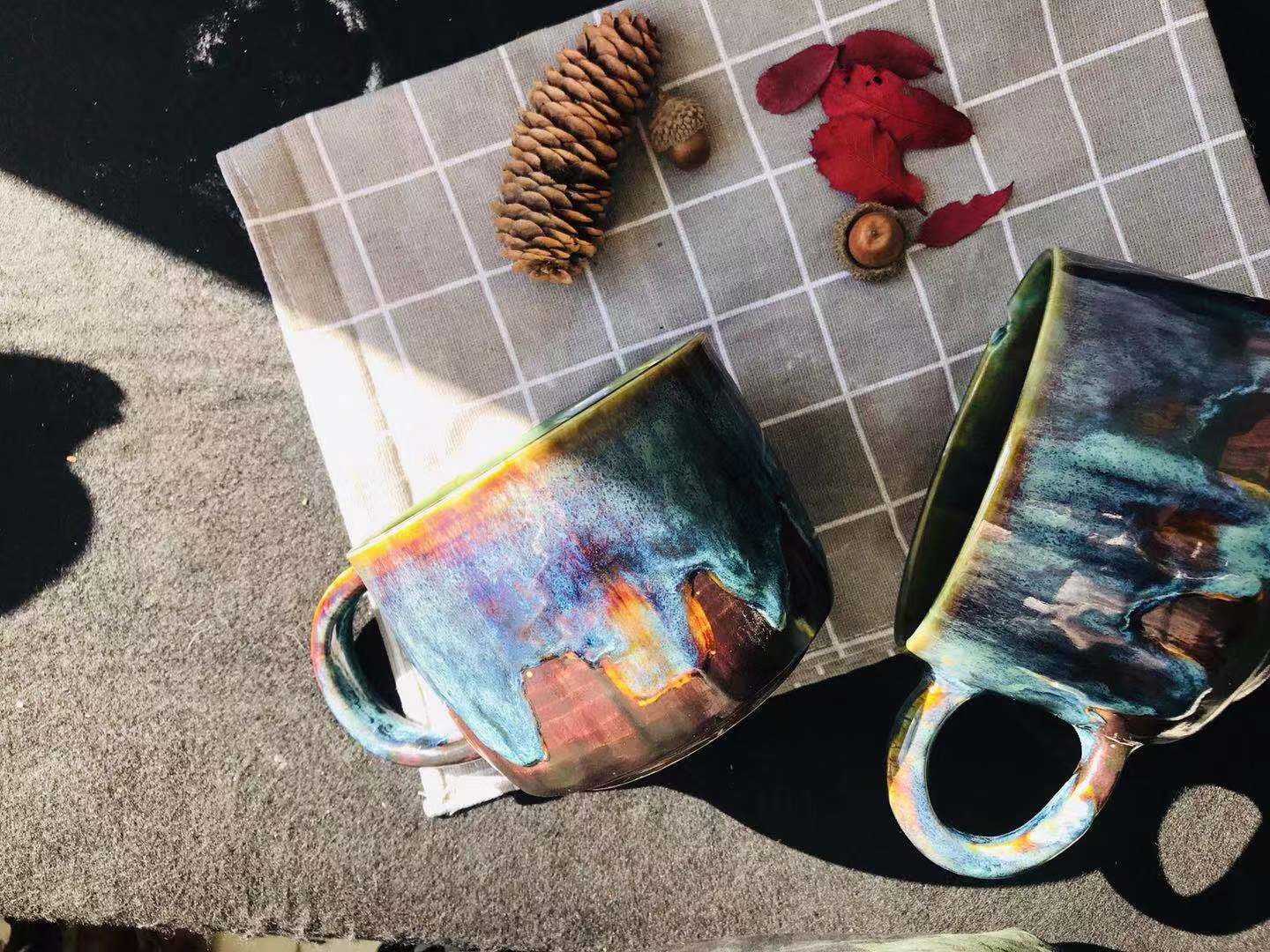 Handmade Ceramic Mug with Blue Glaze - Ocean-Inspired Pottery Cup with Natural Tree Ring Pattern