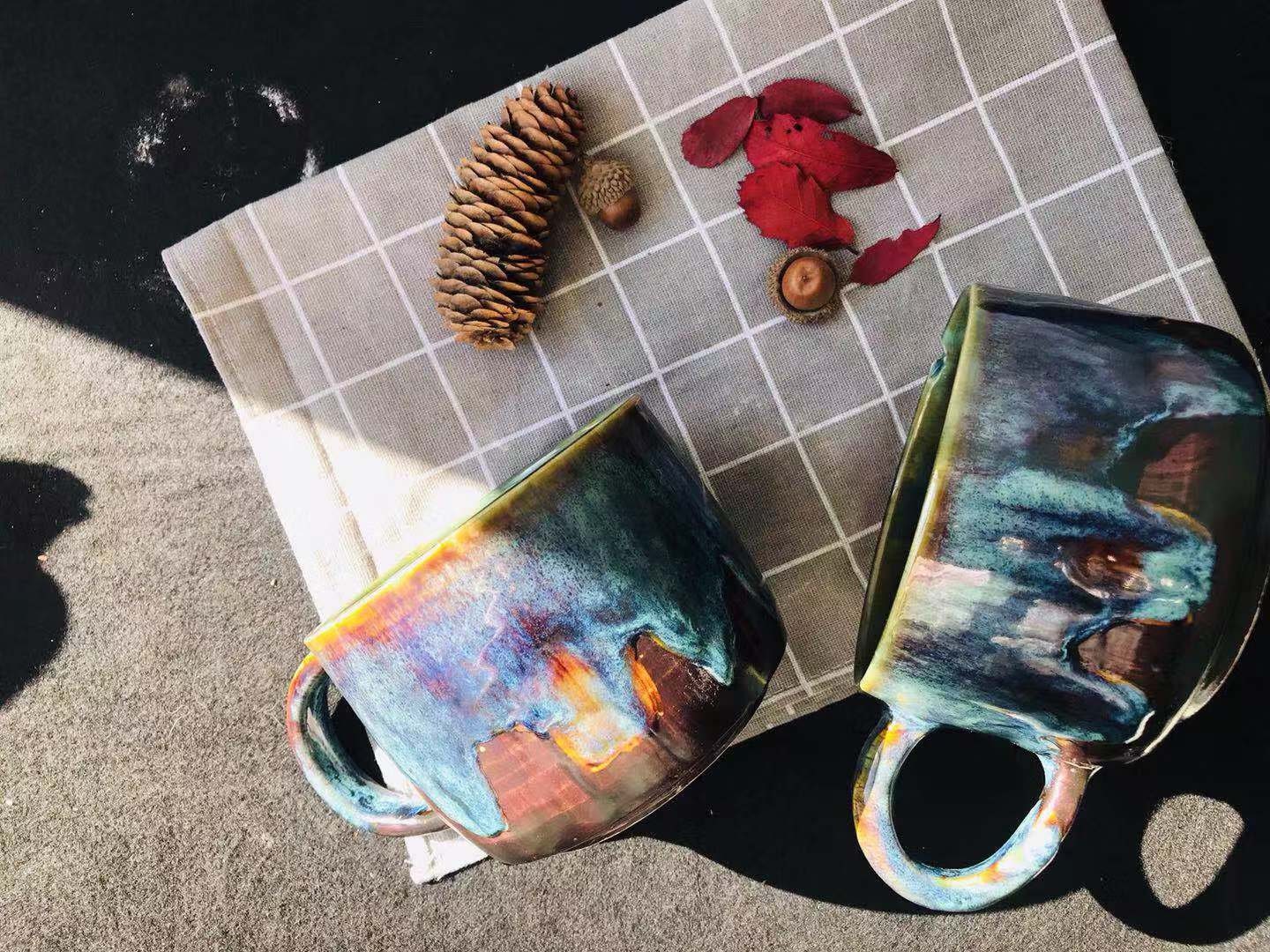 Handmade Ceramic Mug with Blue Glaze - Ocean-Inspired Pottery Cup with Natural Tree Ring Pattern