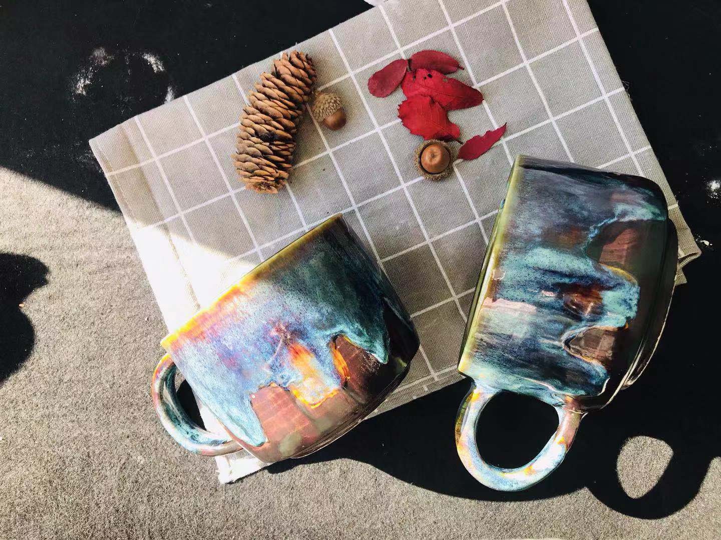 Handmade Ceramic Mug with Blue Glaze - Ocean-Inspired Pottery Cup with Natural Tree Ring Pattern