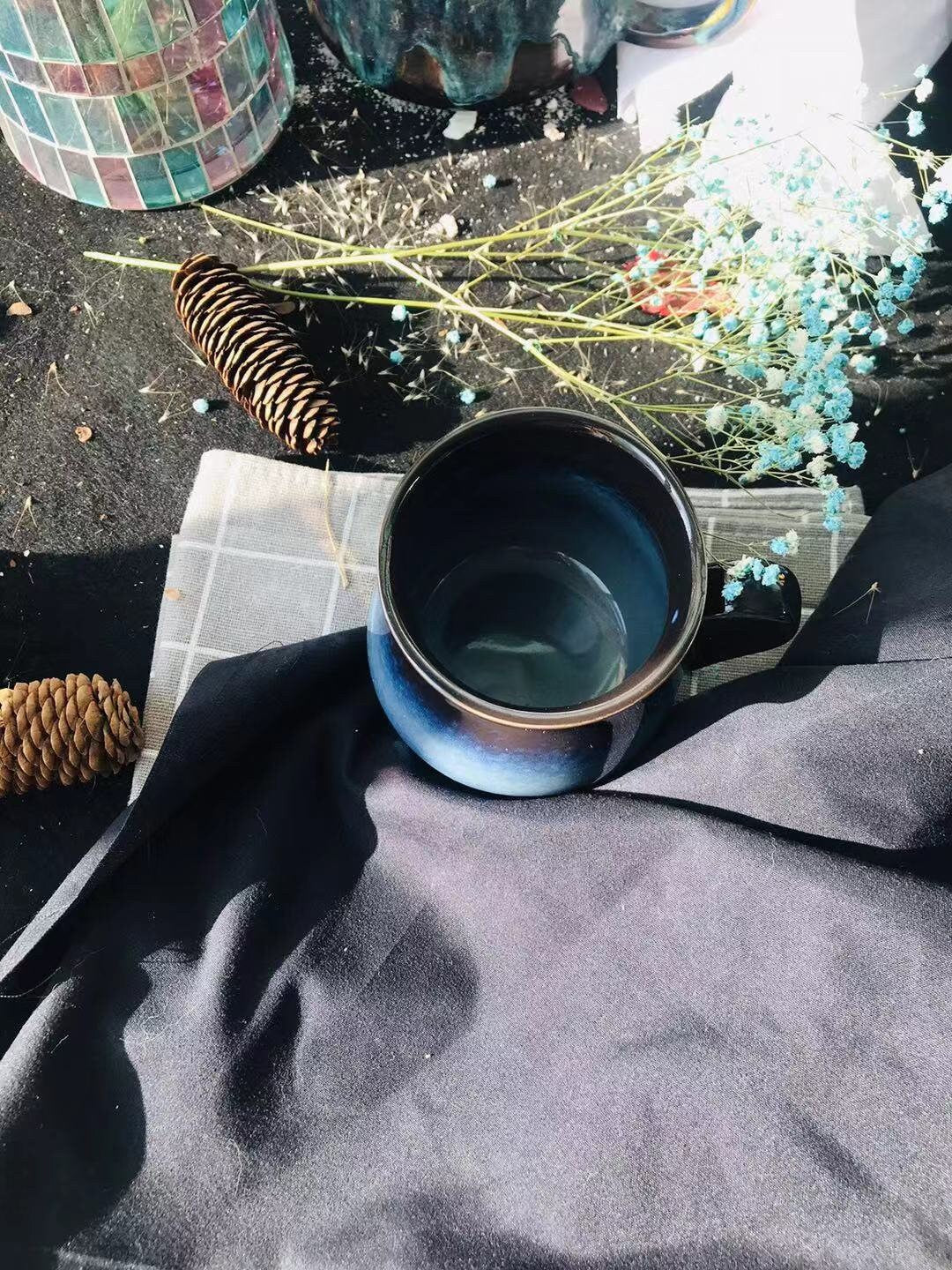 Ceramic Coffee Mug Handmade, Blue And Gray Personalized Pottery Mug
