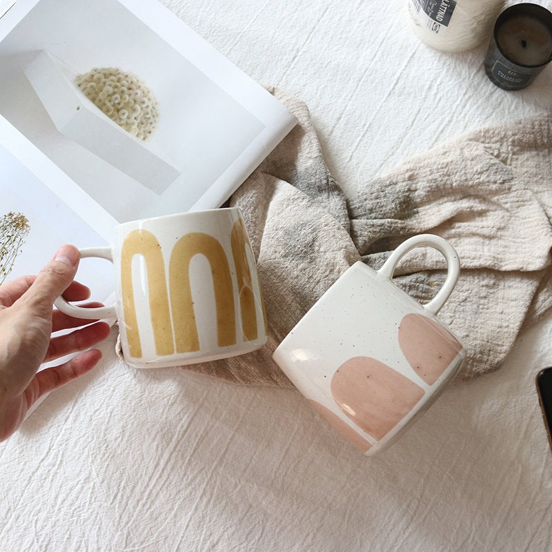 Handmade Cute Ceramic Coffee Mug, Pink And Yellow Personalized Pottery Mug