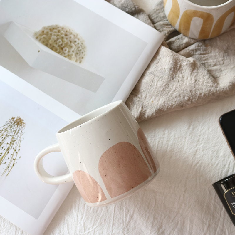 Handmade Cute Ceramic Coffee Mug, Pink And Yellow Personalized Pottery Mug