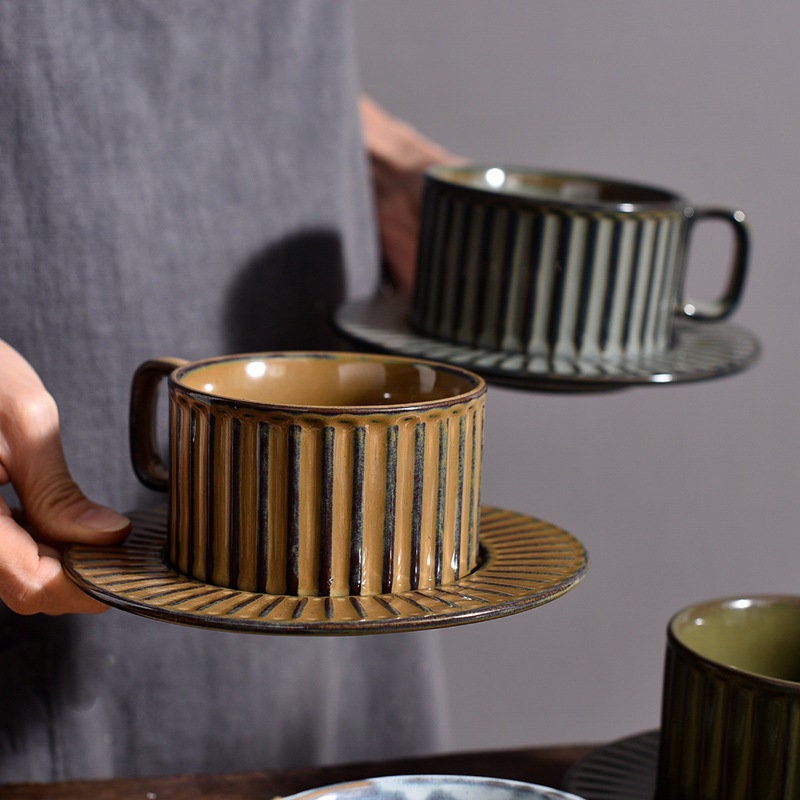 Ceramic Coffee Cup and Saucer, Pottery Handmade Artistic Coffee Cup