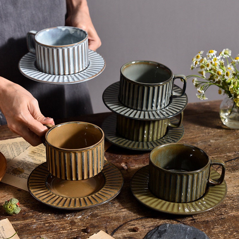 Ceramic Coffee Cup and Saucer, Pottery Handmade Artistic Coffee Cup