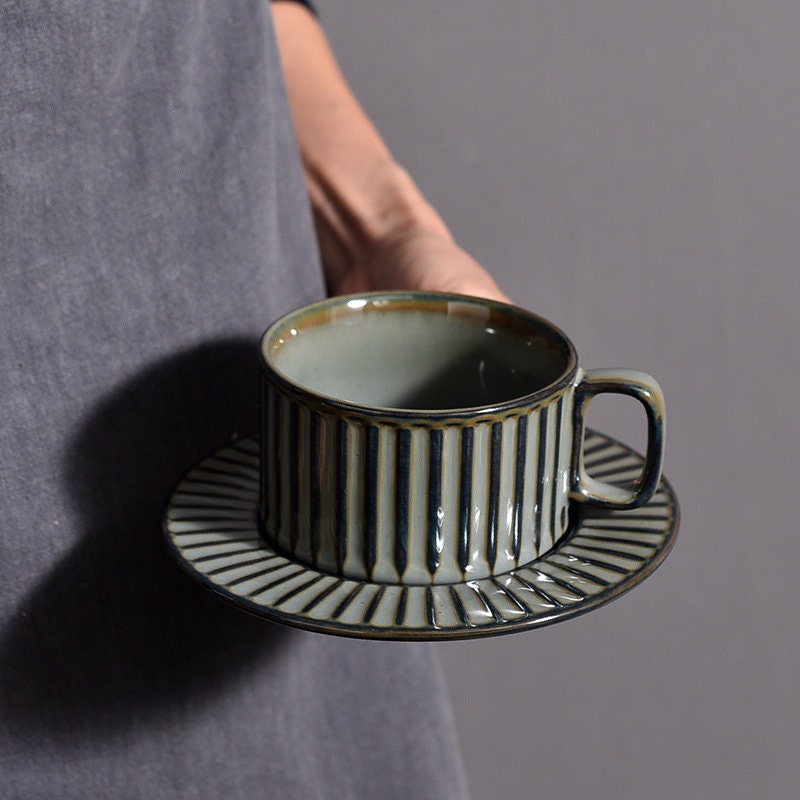 Ceramic Coffee Cup and Saucer, Pottery Handmade Artistic Coffee Cup