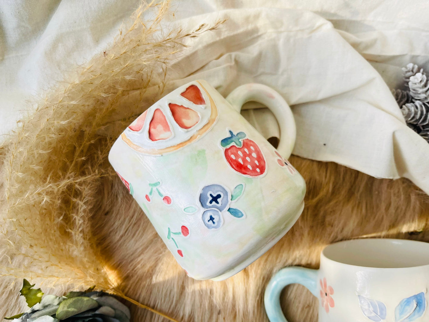 Keramik Kaffeetasse Handgefertigt, Handbemalte Obst personalisierte Keramiktasse