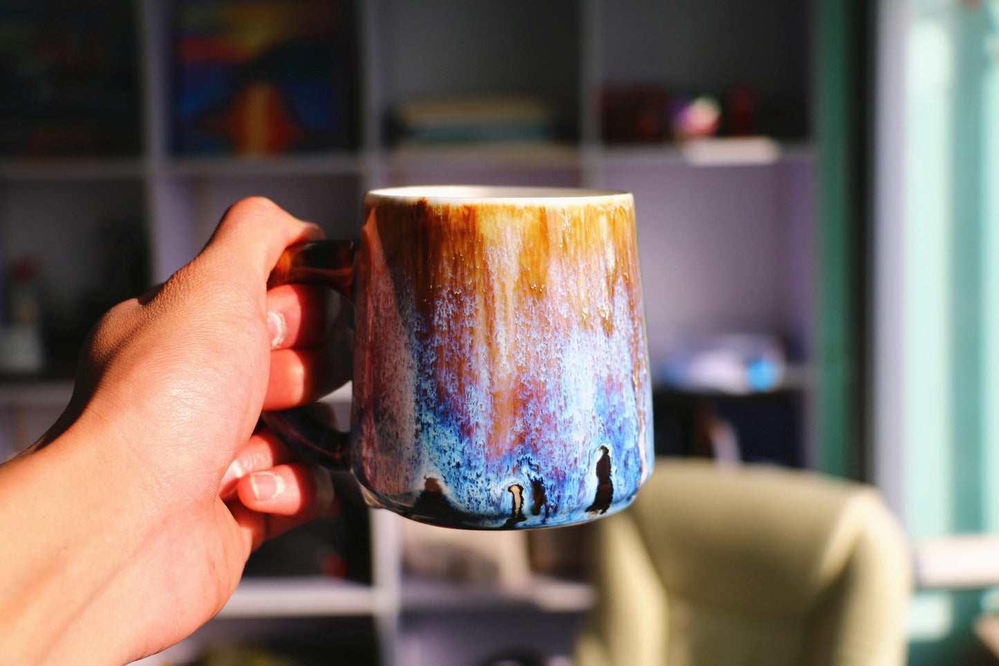 Handmade Ceramic Mug – Blue & Brown Drip Glaze, Unique Pottery Cup for Coffee and Tea Lovers