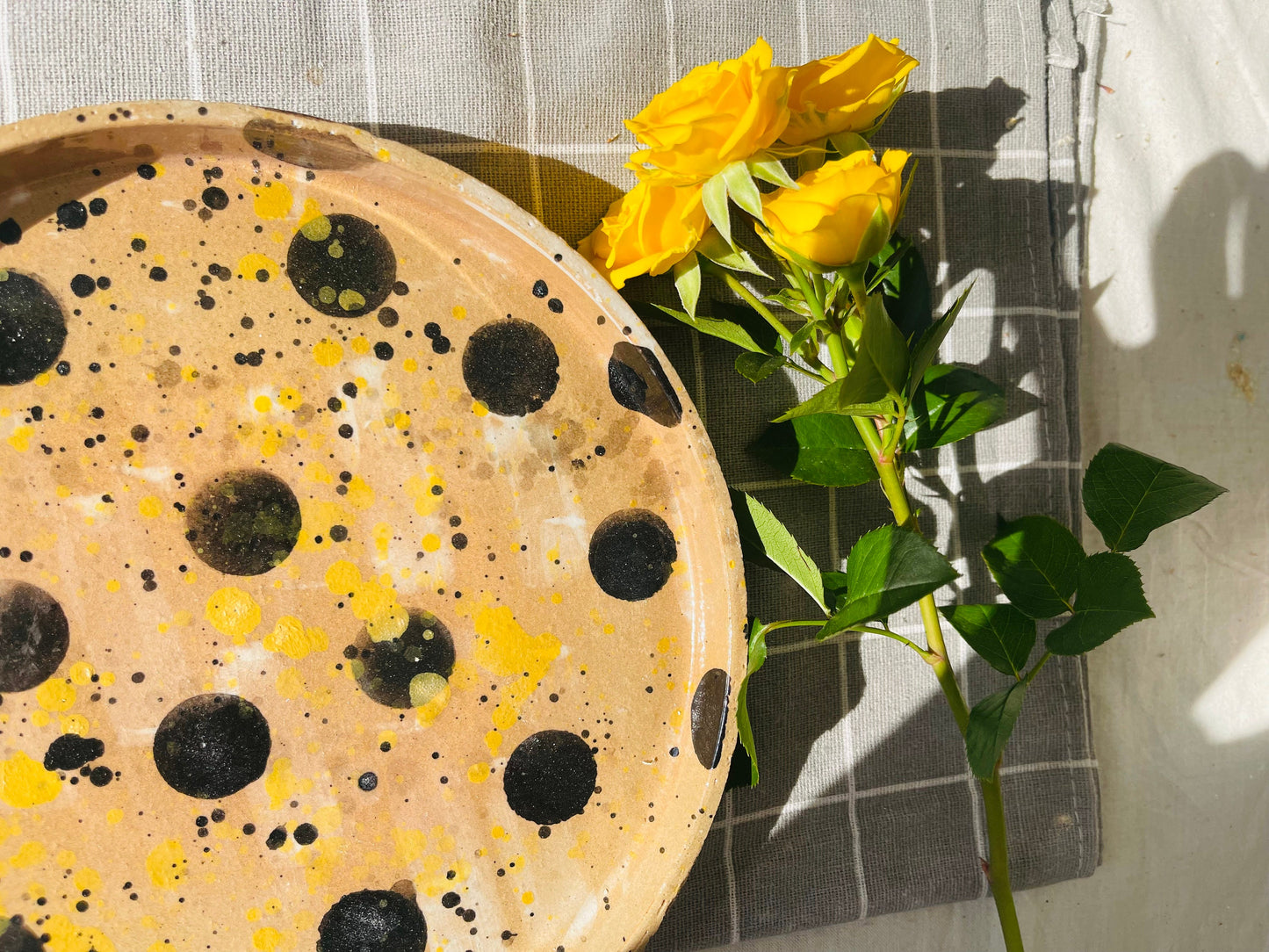 Handmade Ceramic Plate – Abstract Black Polka Dot & Yellow Splatter Design