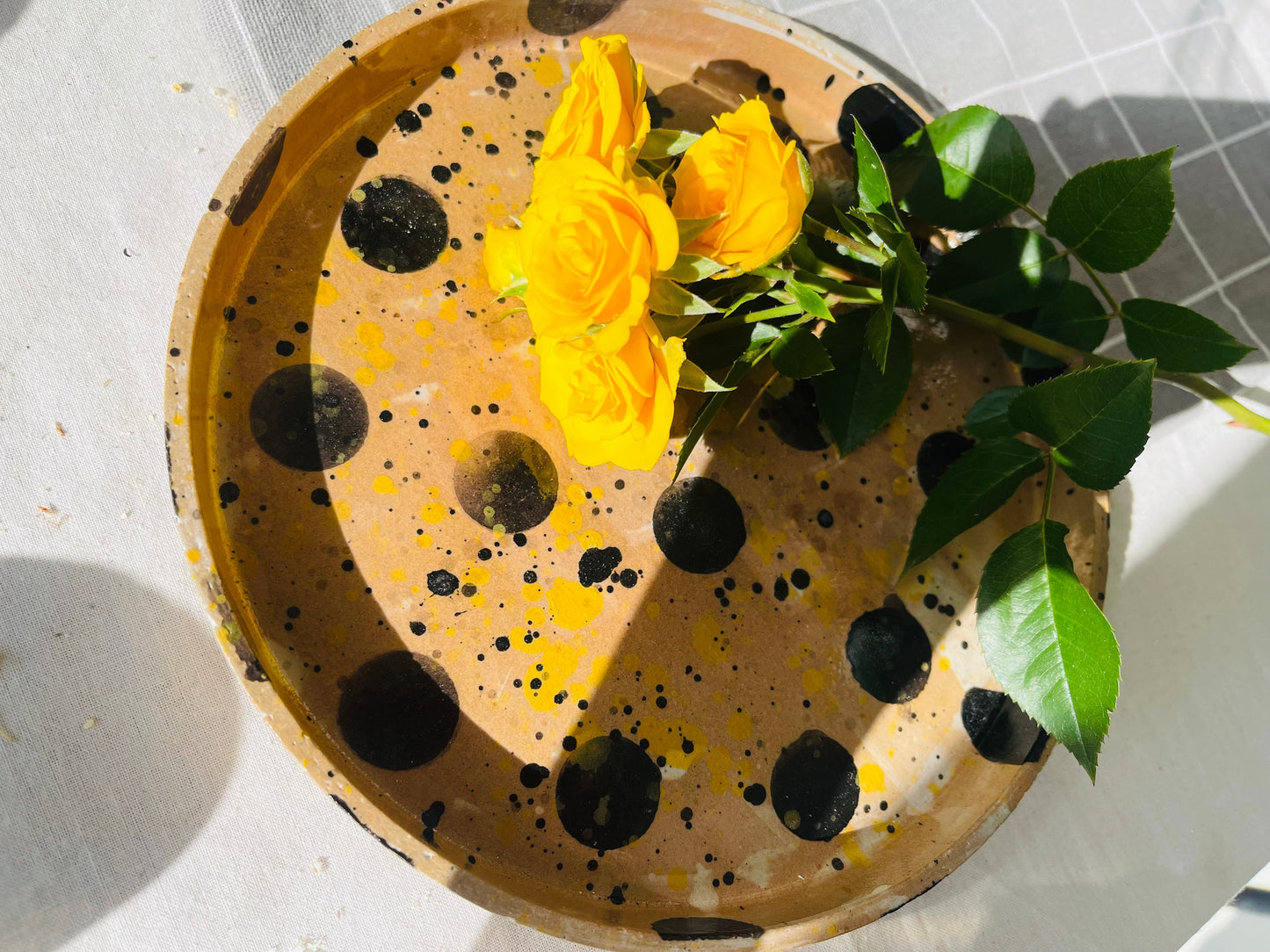 Handmade Ceramic Plate – Abstract Black Polka Dot & Yellow Splatter Design