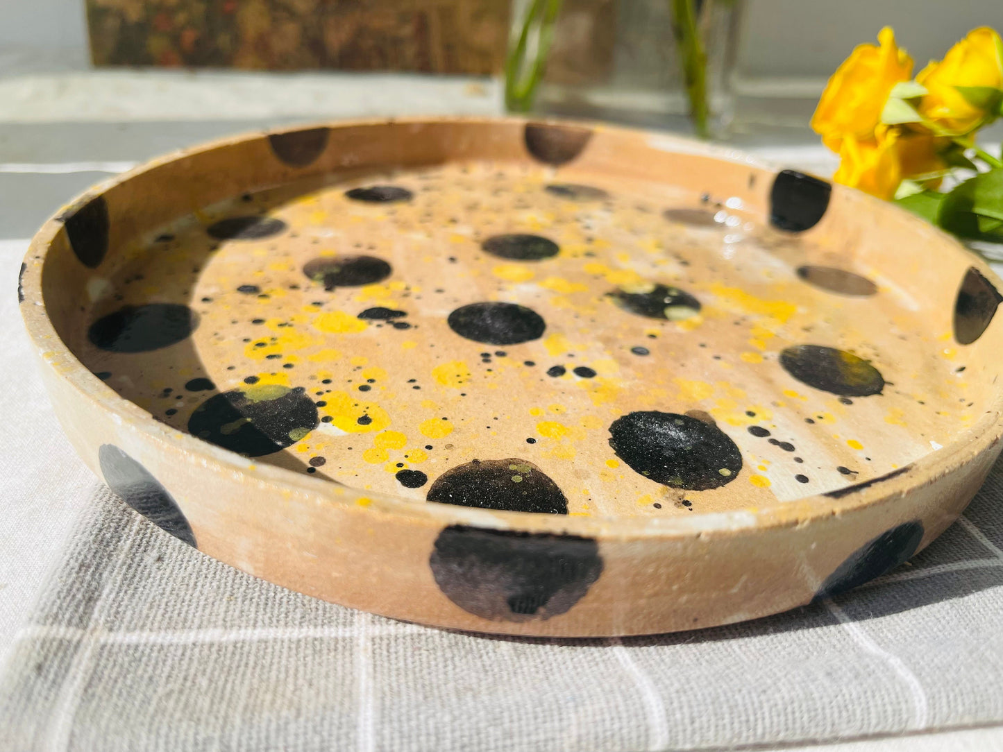 Handmade Ceramic Plate – Abstract Black Polka Dot & Yellow Splatter Design