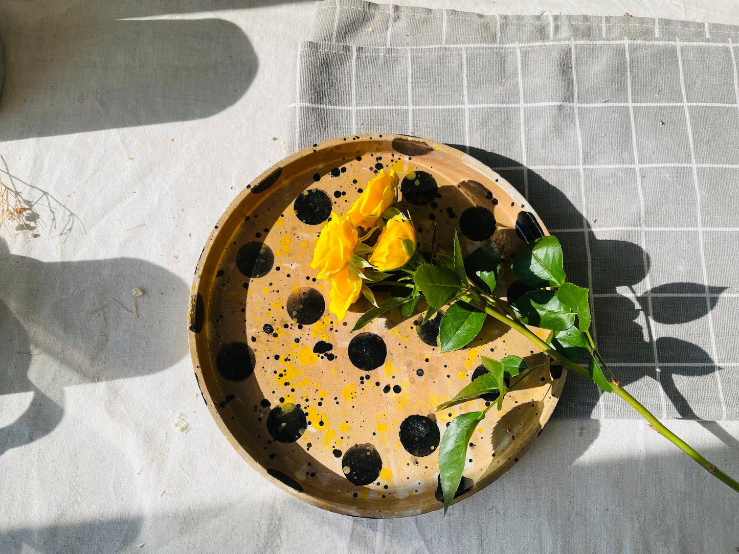 Handmade Ceramic Plate – Abstract Black Polka Dot & Yellow Splatter Design