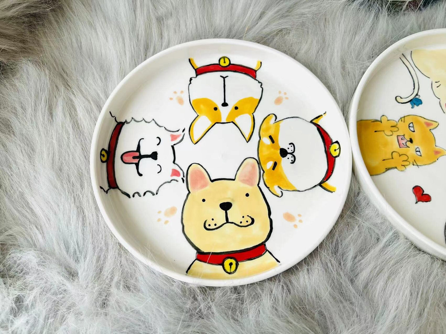 Personalized Hand-Painted Cartoon Cats and Dogs Plates, Handmade Pottery Dinnerware