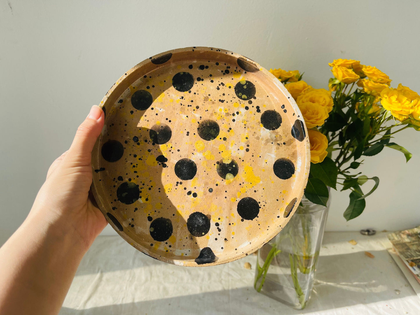 Handmade Ceramic Plate – Abstract Black Polka Dot & Yellow Splatter Design
