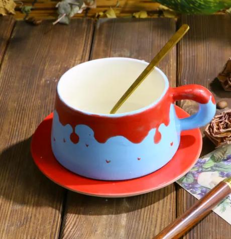 Red Blue Drip Glaze Mug Set – Handmade Ceramic Cup with Matching Saucer