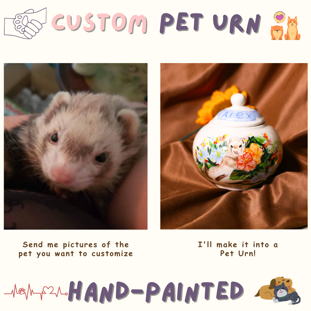 Custom Angora Ferret Urn, Personalized Hand-painted Pet Portrait Ceramic Urn for Memorial & Keepsake