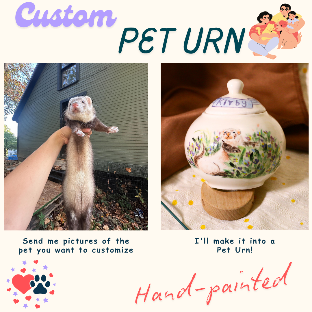 Custom Angora Ferret Urn, Personalized Hand-painted Pet Portrait Ceramic Urn for Memorial & Keepsake