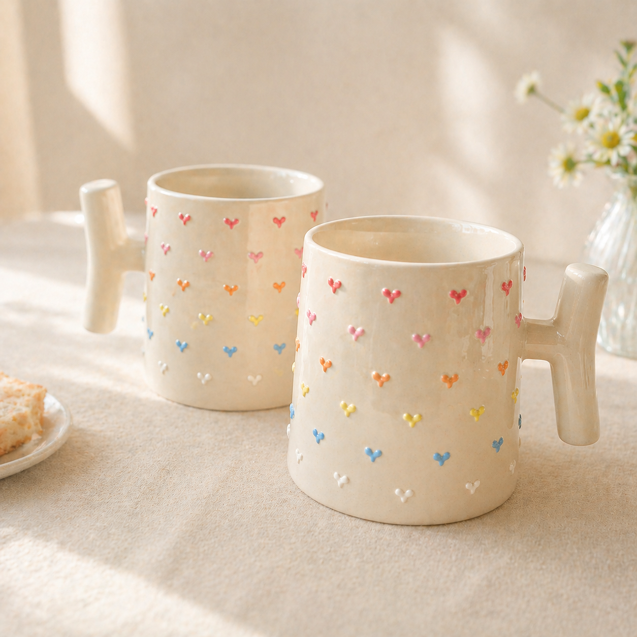 Handmade T-Handle Mug – 3D Colorful Heart Ceramic Cup, Hand-Painted Pottery Coffee Mug