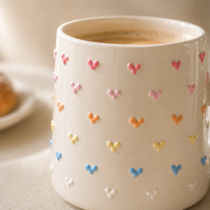 Handmade T-Handle Mug – 3D Colorful Heart Ceramic Cup, Hand-Painted Pottery Coffee Mug