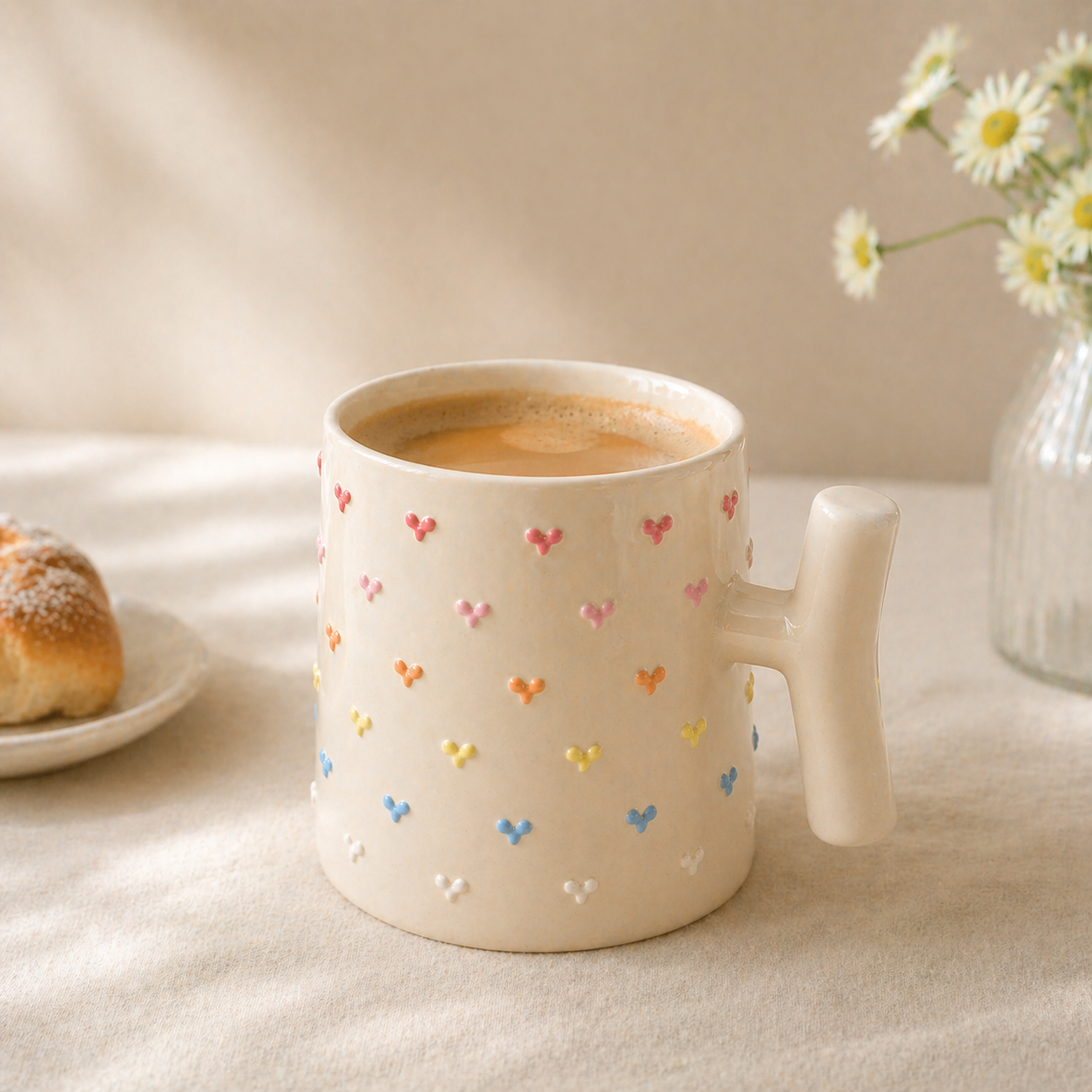 Handmade T-Handle Mug – 3D Colorful Heart Ceramic Cup, Hand-Painted Pottery Coffee Mug