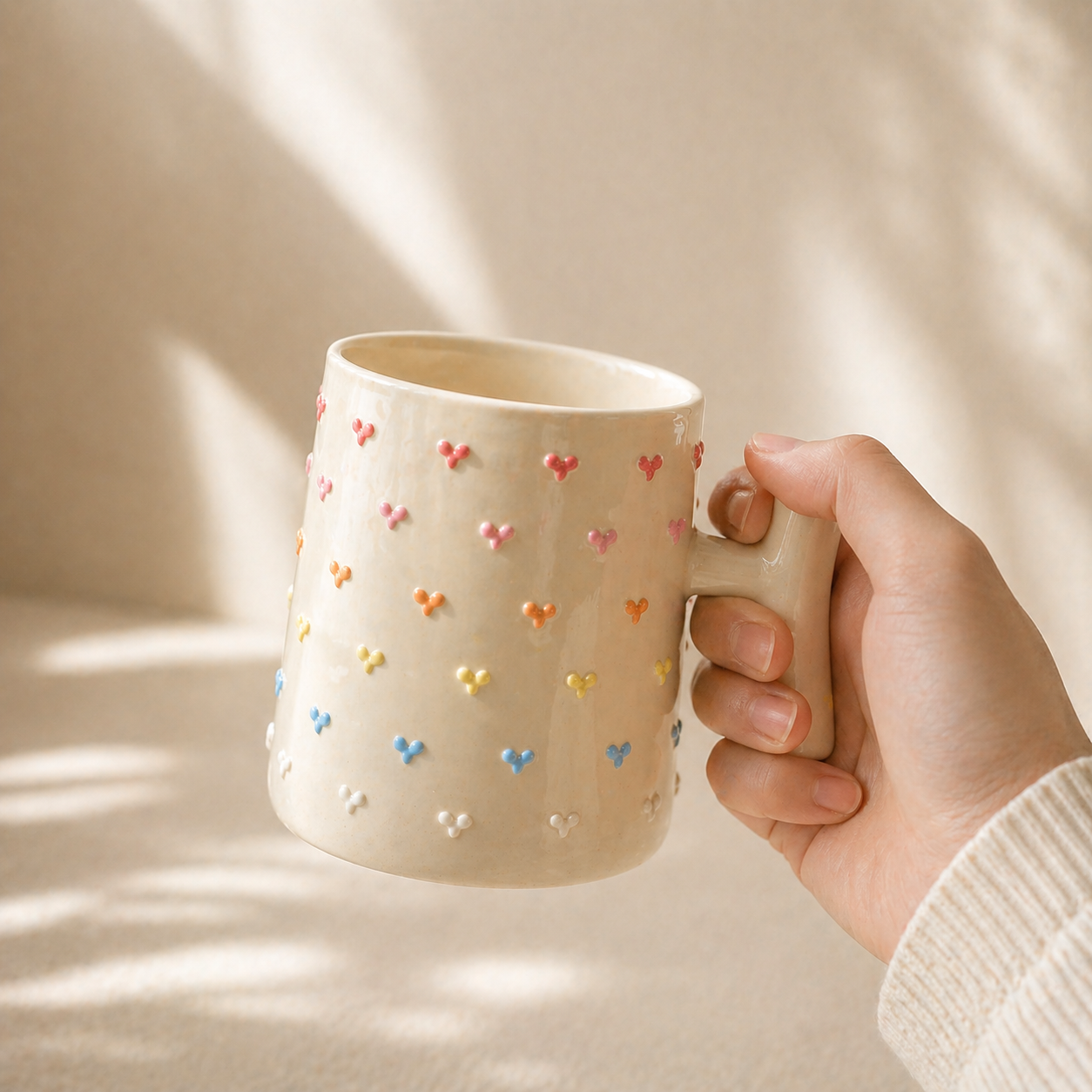 Handmade T-Handle Mug – 3D Colorful Heart Ceramic Cup, Hand-Painted Pottery Coffee Mug
