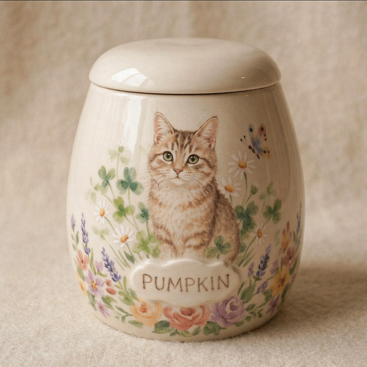 Custom Cat Portrait Ceramic Memorial Urn – Handmade Pet Ashes Keepsake
