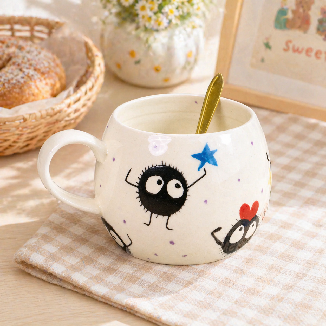 Hand-Painted Soot Sprites Coffee Mug, Cute Ceramic Anime Cup