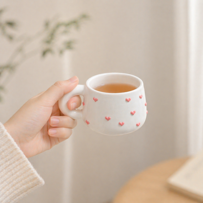 3D Heart Handmade Ceramic Coffee Mugs, Cute Personalized Pottery Tea Cup for Gifts