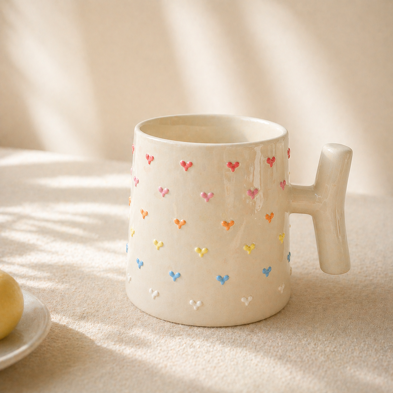 Handmade T-Handle Mug – 3D Colorful Heart Ceramic Cup, Hand-Painted Pottery Coffee Mug