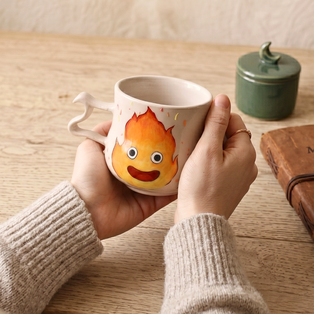 Handmade Calcifer Ceramic Mug – Personalized Pottery Gift for Studio Ghibli Fans
