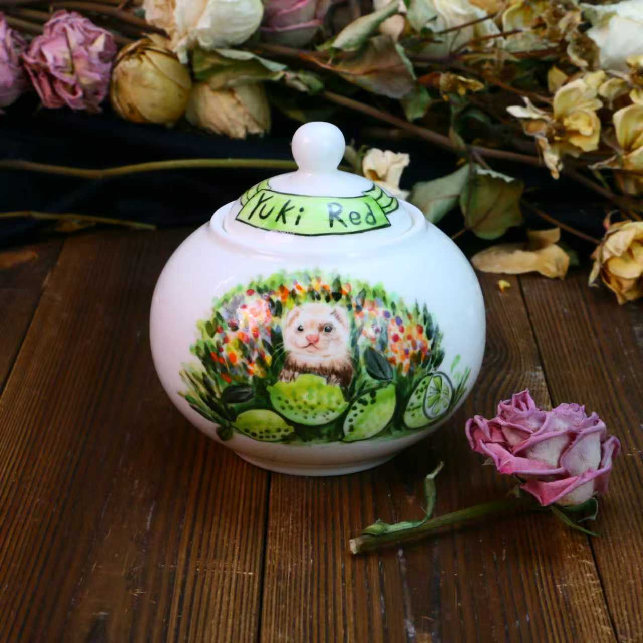 Custom Pet Ceramic Urn, Personalized Hand-Painted Pet Portrait Urn for Memorial & Keepsake