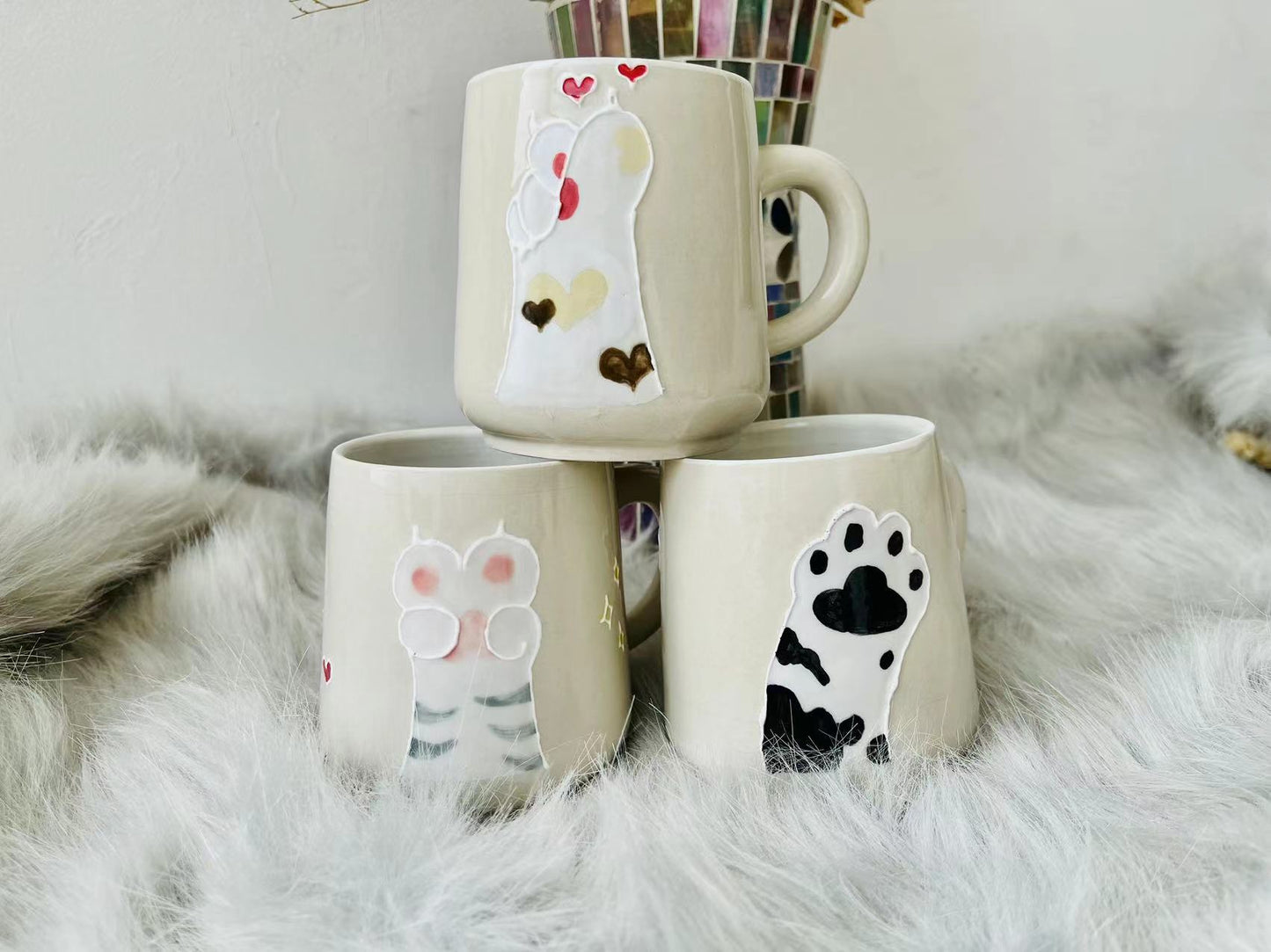 Cat Paw Ceramic Coffee Mug, Personalized Handmade Pottery Mug for Gifts