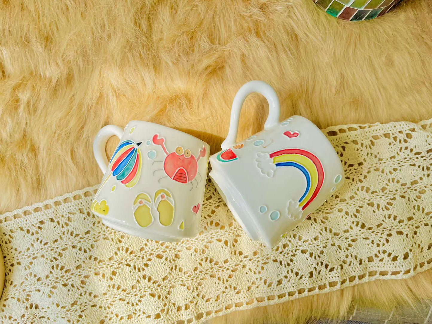 Ice Cream & Sun Umbrella Hand-Painted Ceramic Mugs, Personalized Pottery Mug for Gifts