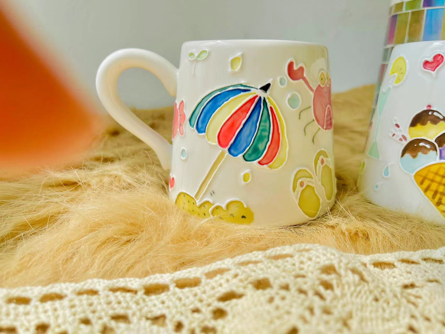 Ice Cream & Sun Umbrella Hand-Painted Ceramic Mugs, Personalized Pottery Mug for Gifts