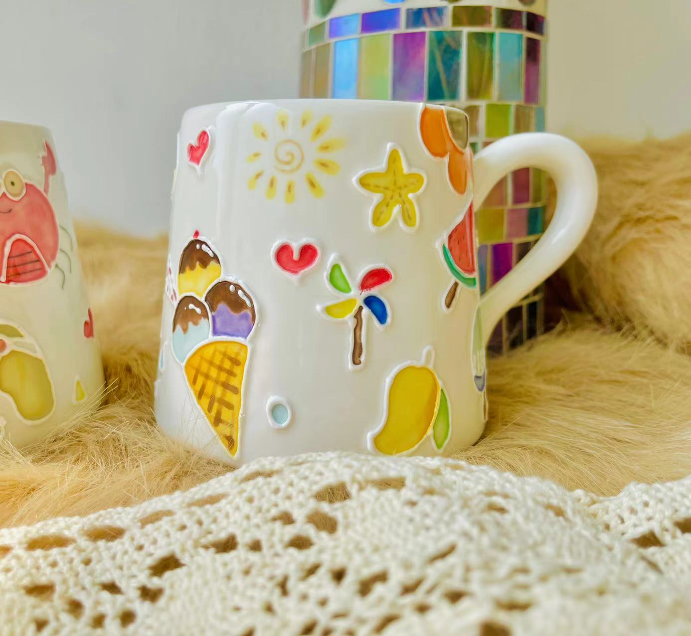 Ice Cream & Sun Umbrella Hand-Painted Ceramic Mugs, Personalized Pottery Mug for Gifts