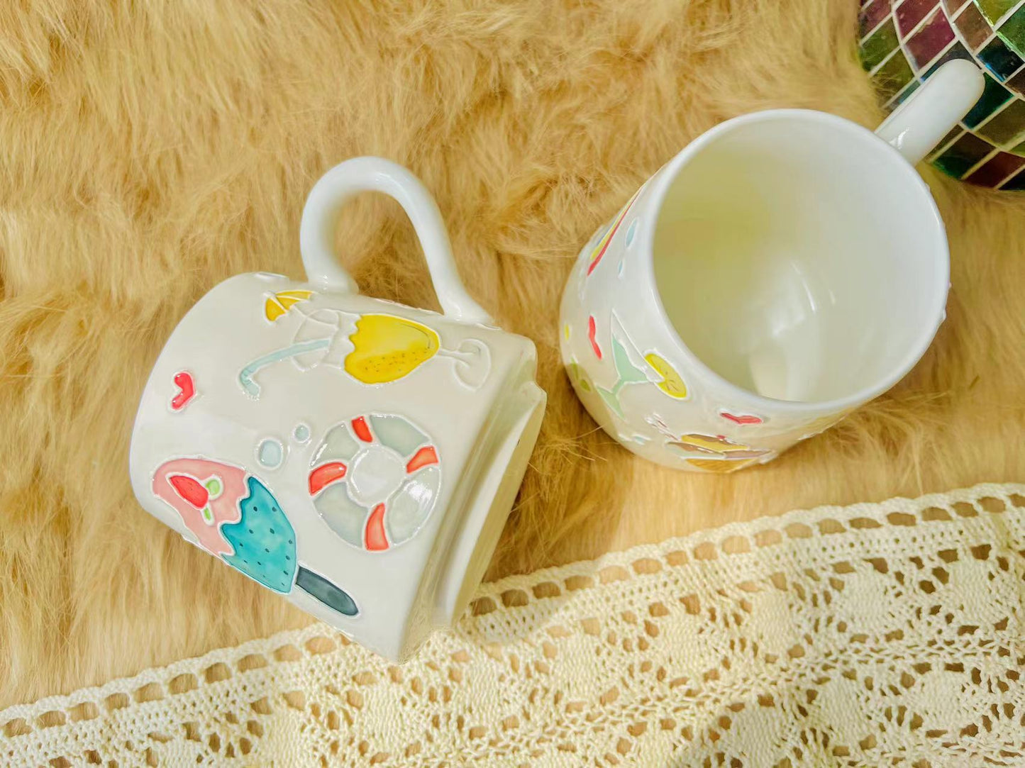 Ice Cream & Sun Umbrella Hand-Painted Ceramic Mugs, Personalized Pottery Mug for Gifts